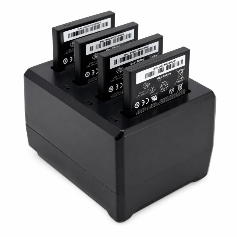 4-slot battery charger. Comes with power adaptor and US power cable, Not included but optional acces